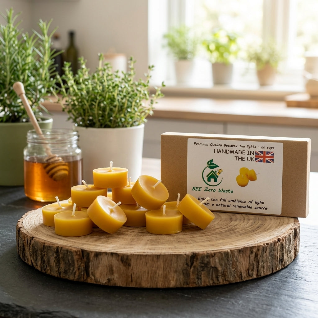 100% pure beeswax tealight candles handmade in the UK for a clean, non-toxic, and smokeless burn.