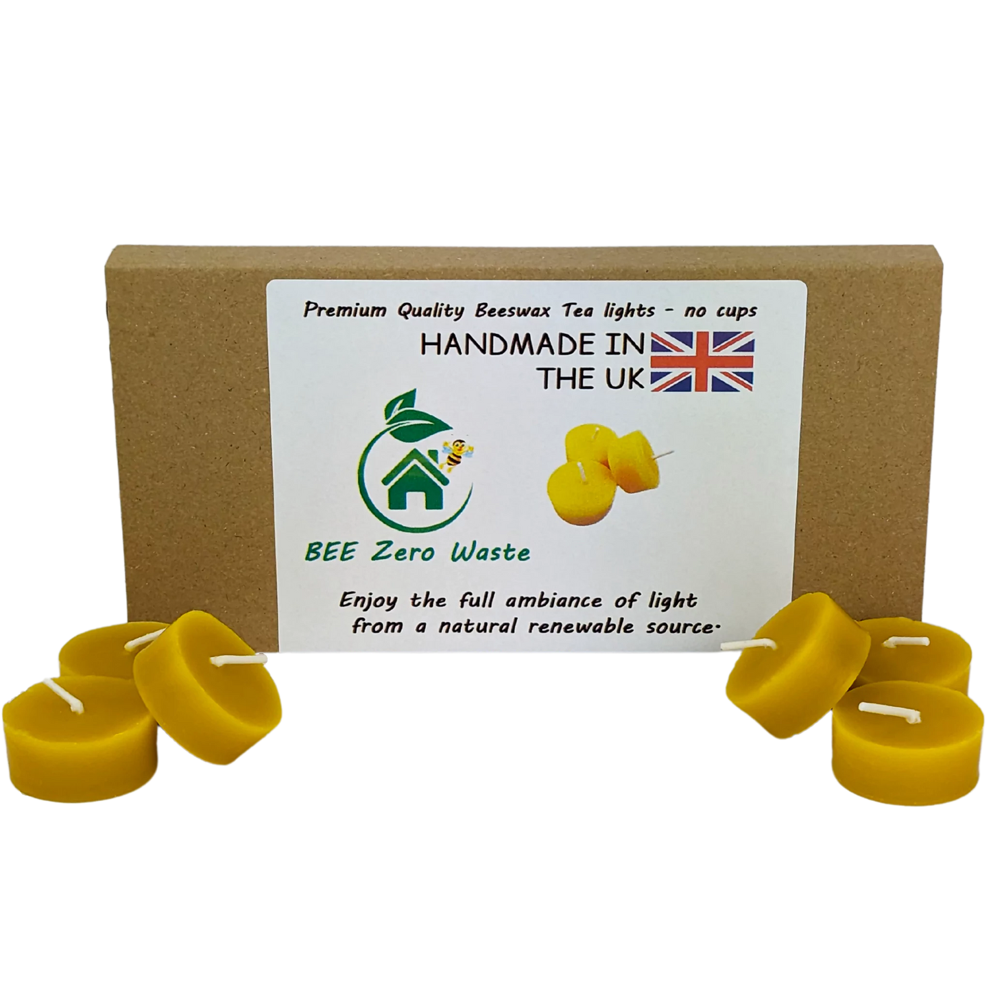 Organic beeswax tealight candles arranged neatly, emitting a soft, natural light and a gentle honey scent, ideal for eco-friendly lighting