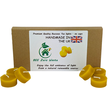 Organic beeswax tealight candles arranged neatly, emitting a soft, natural light and a gentle honey scent, ideal for eco-friendly lighting