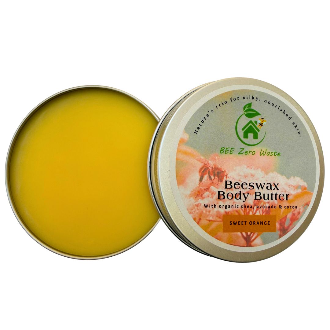 Beeswax body butter in a tin with a visible brand label on a white background