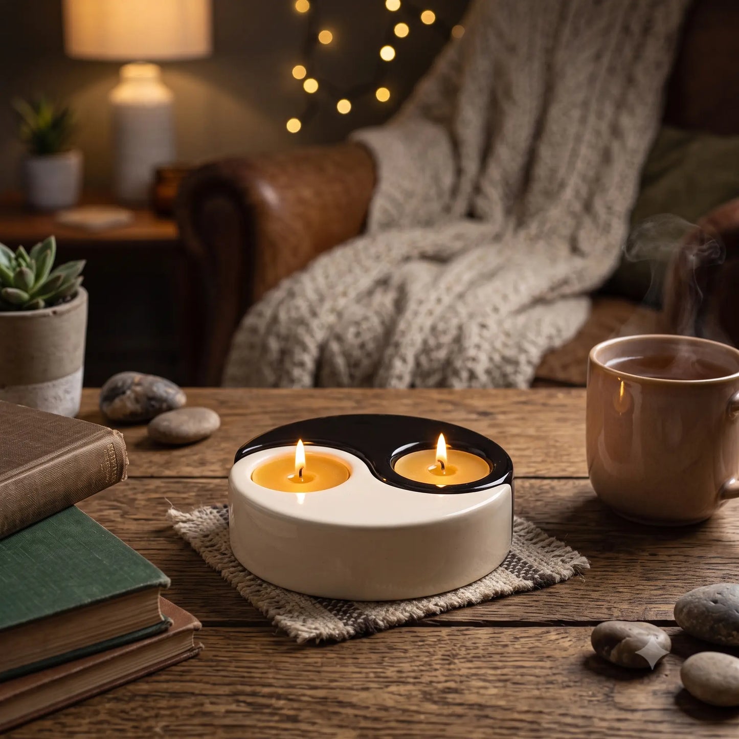 Cosy living room setup featuring a monochrome ceramic Yin Yang candle holder with lit yellow beeswax candles on a rustic wooden coffee table next to meditation books