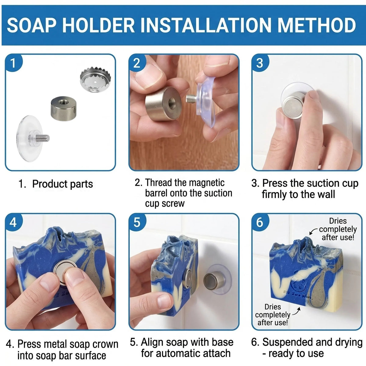 The three hardware components of a drill-free magnetic soap holder laid out, featuring a clear suction cup base, a sleek magnetic barrel, and a rust-resistant metal soap crown.