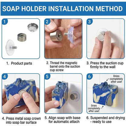 The three hardware components of a drill-free magnetic soap holder laid out, featuring a clear suction cup base, a sleek magnetic barrel, and a rust-resistant metal soap crown.